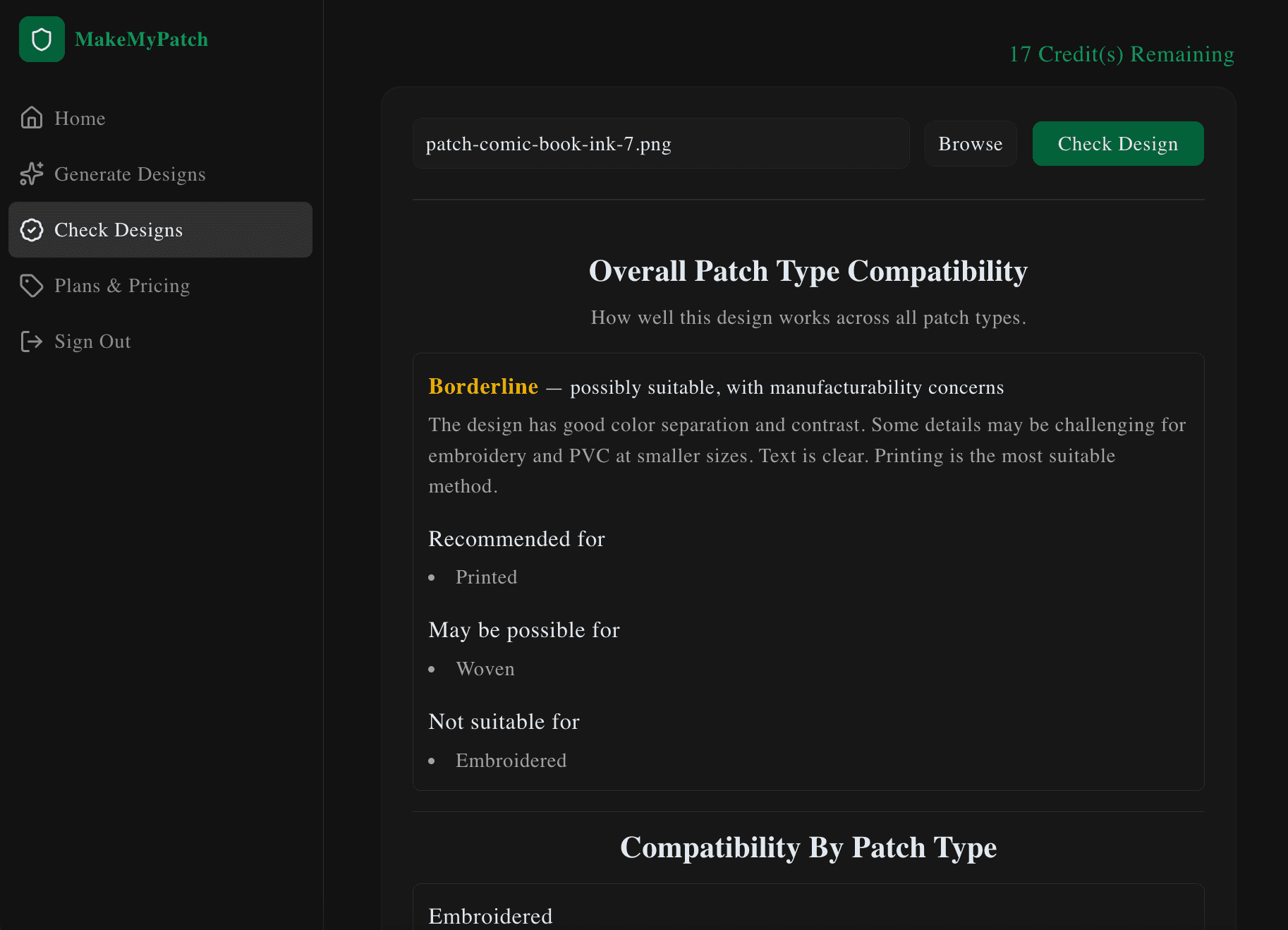 Patch compatibility checker showing upload and patch-type preview
